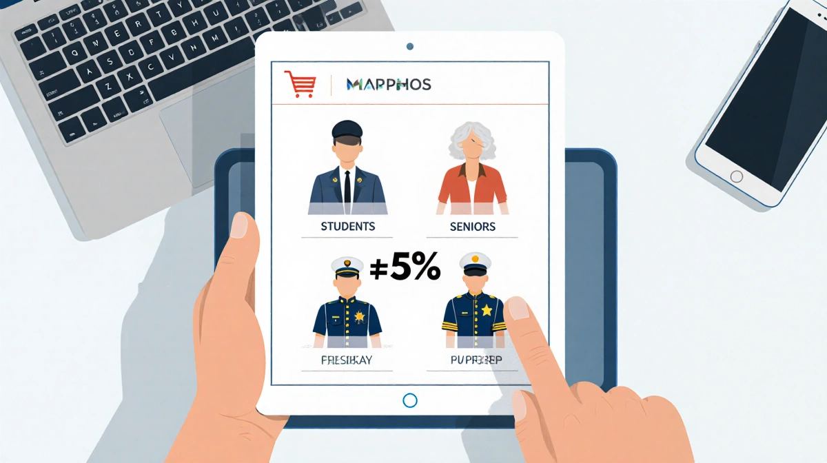 Shopper holding tablet with 5% discount offer and icons for students seniors military and first responders with laptop and sm