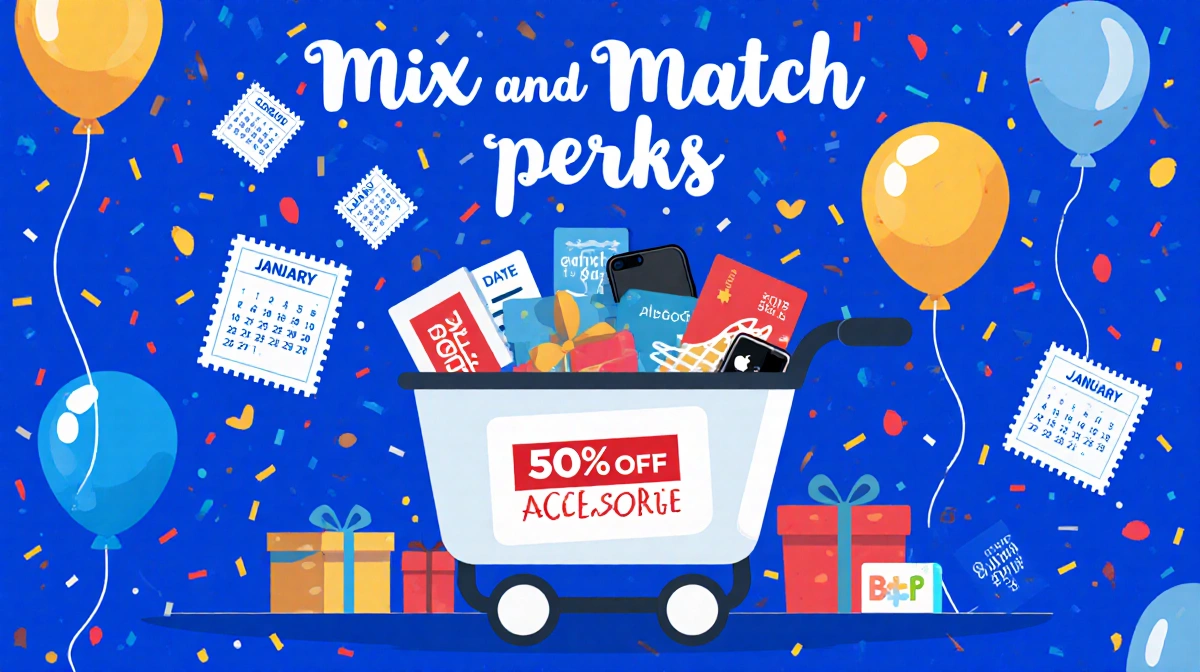 Shopping cart overflows with gift cards and phone accessories showing 50% off sale with confetti and balloons