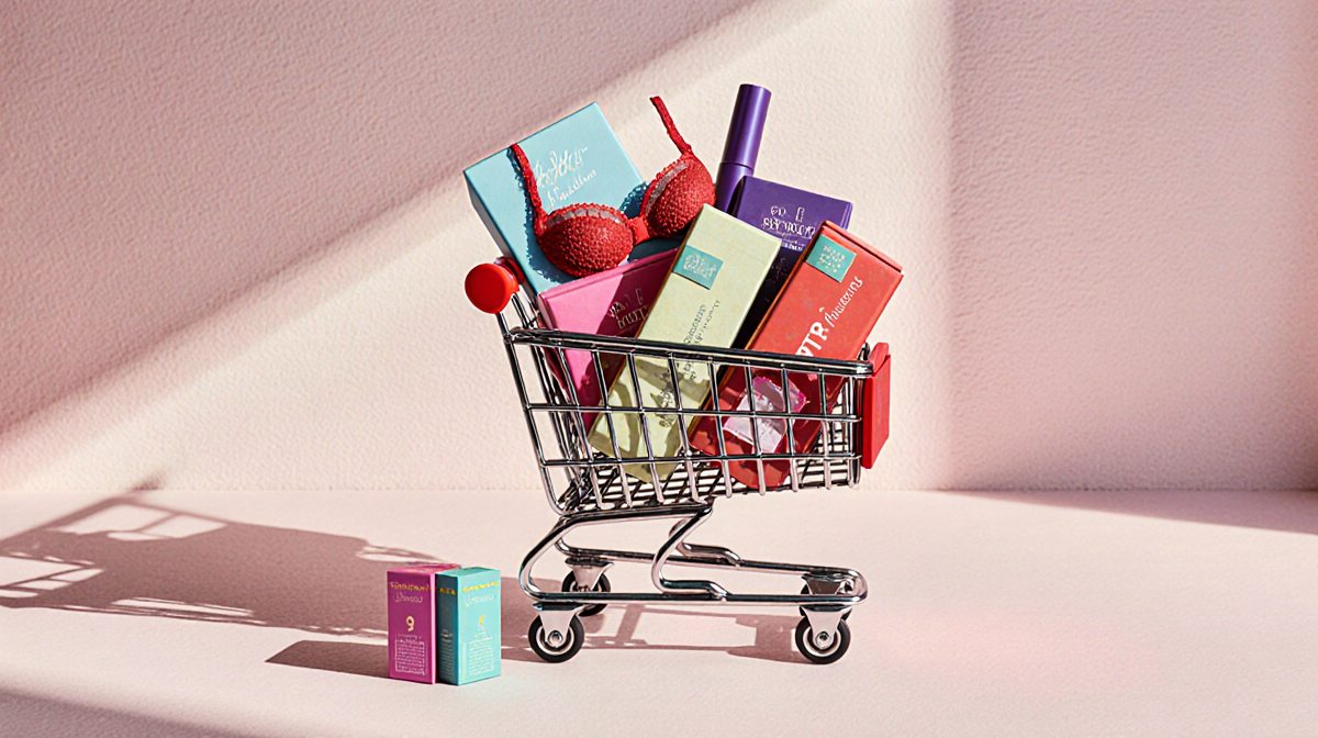 Shopping cart overflowing with colorful lingerie and intimate accessories with pastel pink background and warm lighting