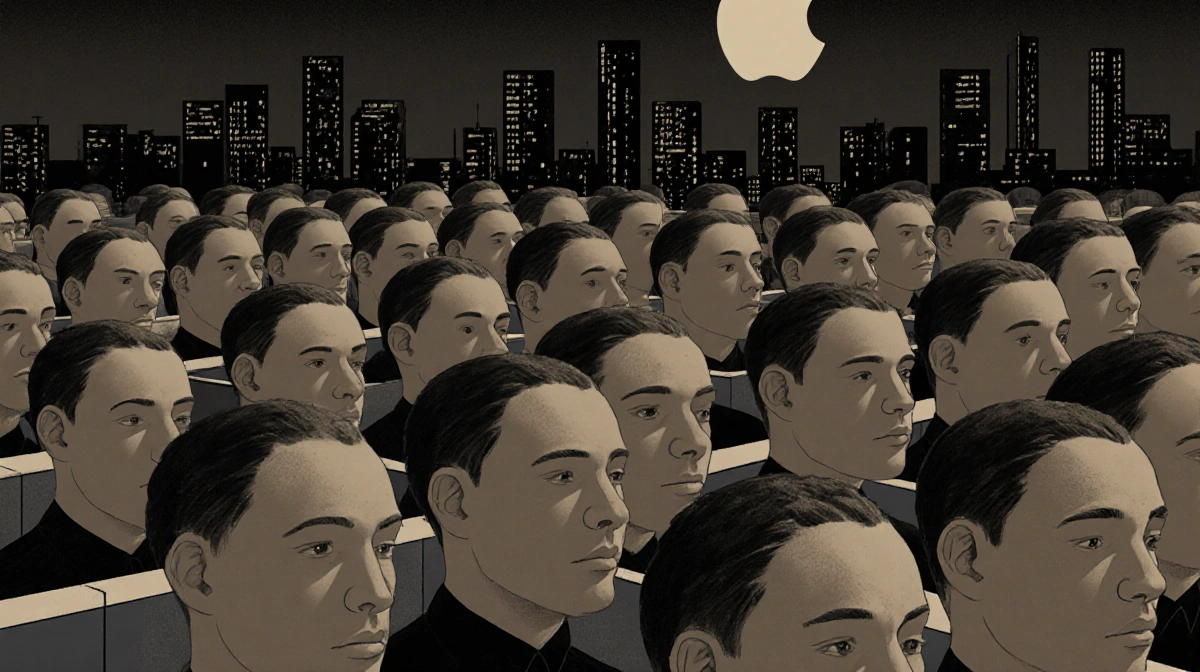 Rows of muted faces fill cubicles with tech cityscape showing and Apple logo visible