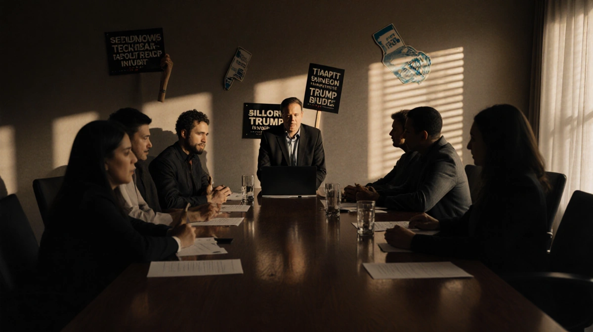 Tech leaders meeting around table with laptops and protest signs showing political resistance