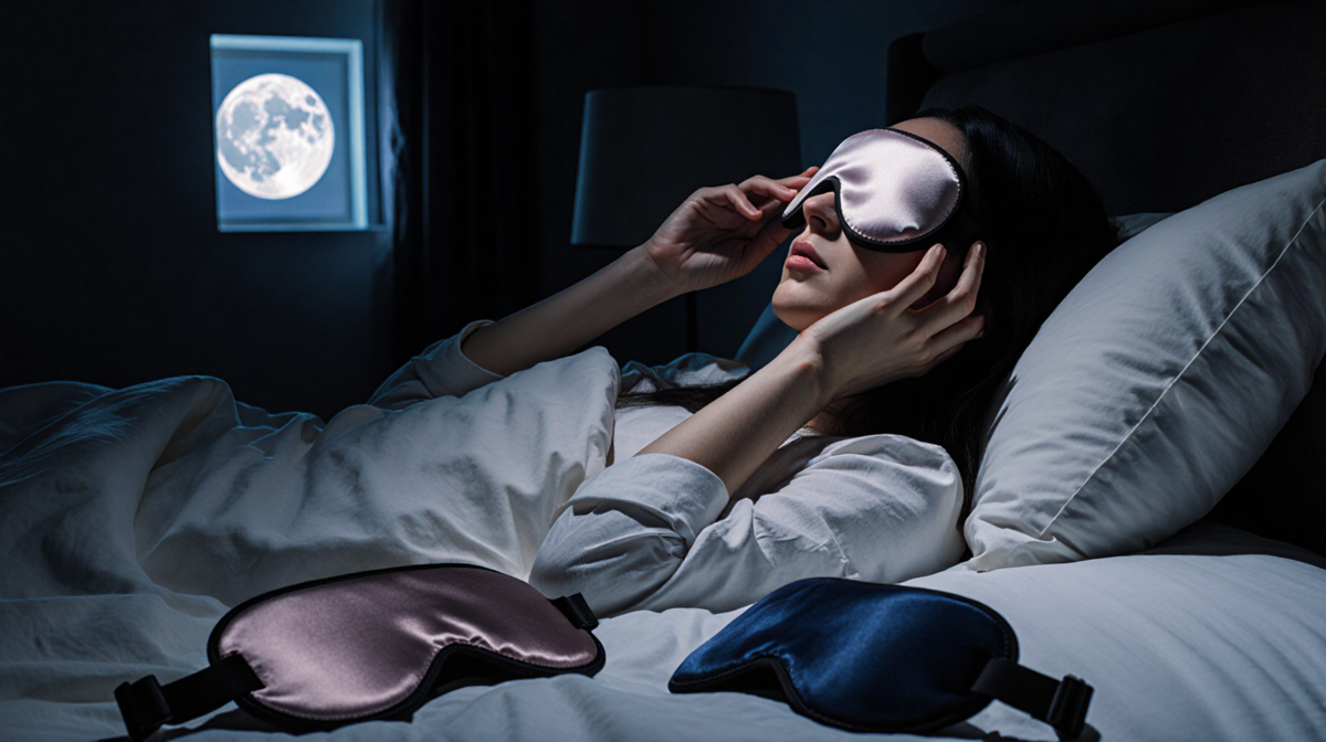 Person gently placing a silk sleep mask over their eyes with a moonlit window glowing and plush pillows in night scene