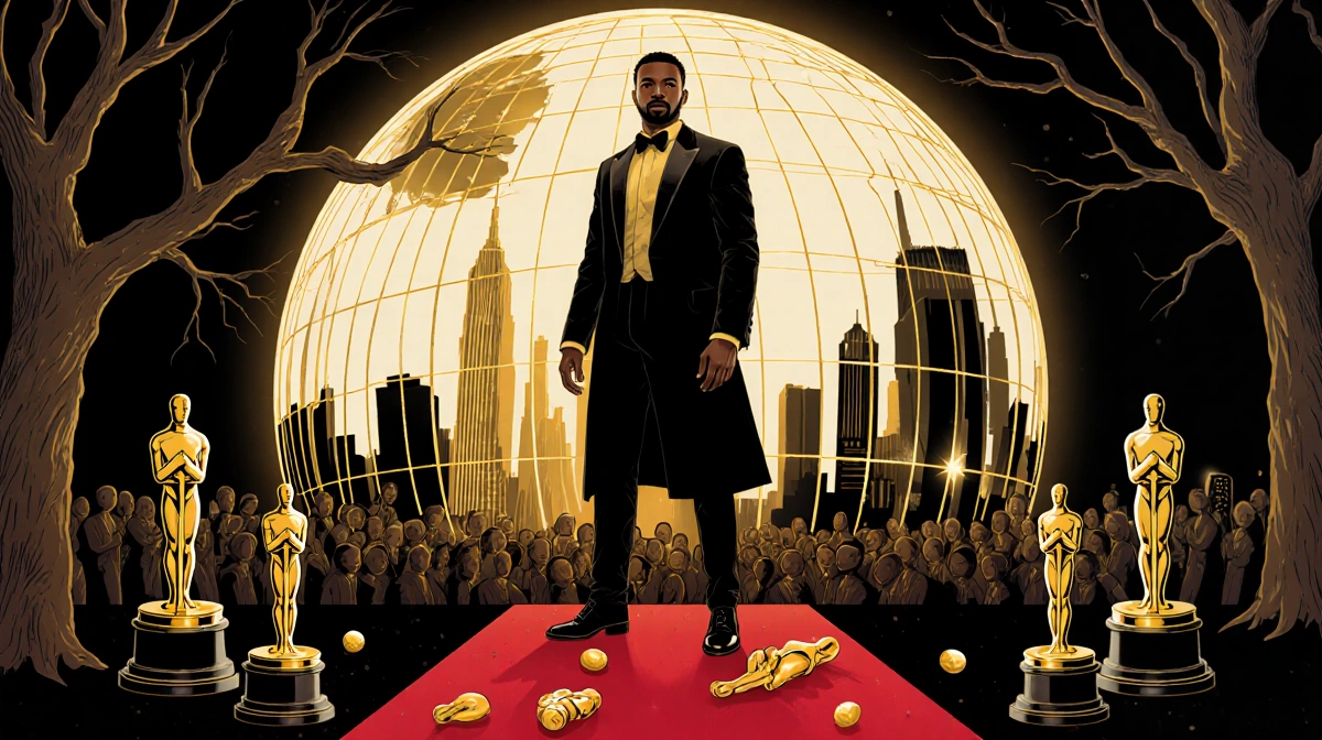 Film stands triumphantly on red carpet with golden awards scattered below and cityscape reflected in mirror ball