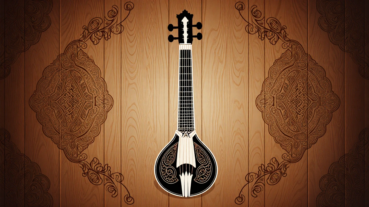 Sitar resting against intricately carved wood with soft lighting highlighting its curves