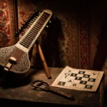 Sitar rests on a worn wooden music stand with carvings glittering in warm light and a Wordle board peeks from a dusty table.
