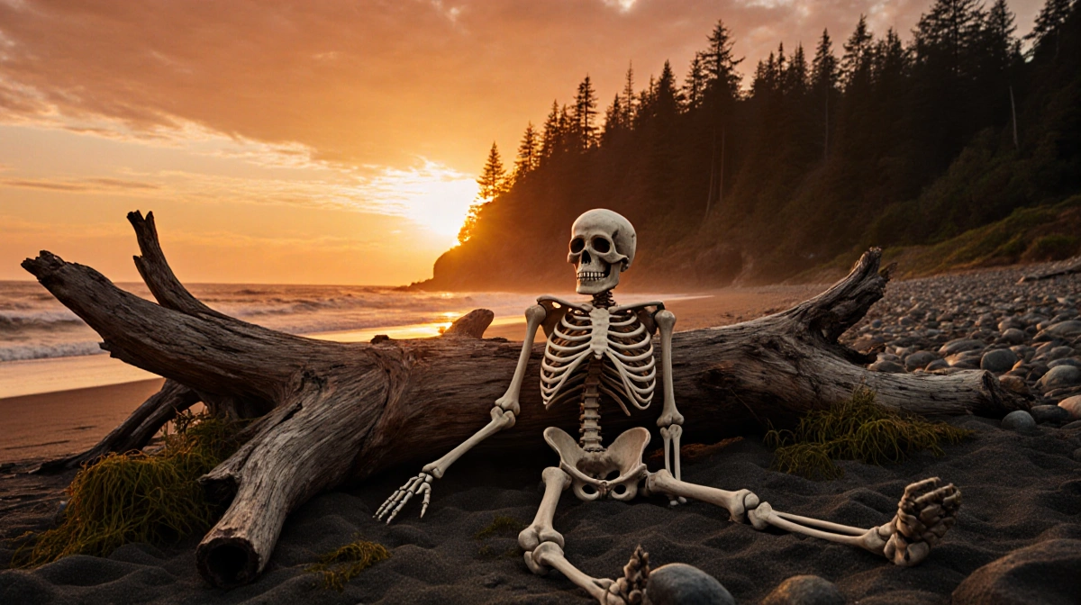 Human skeleton partially buried in driftwood on Quinault beach with sunset glow illuminating bones and shoreline