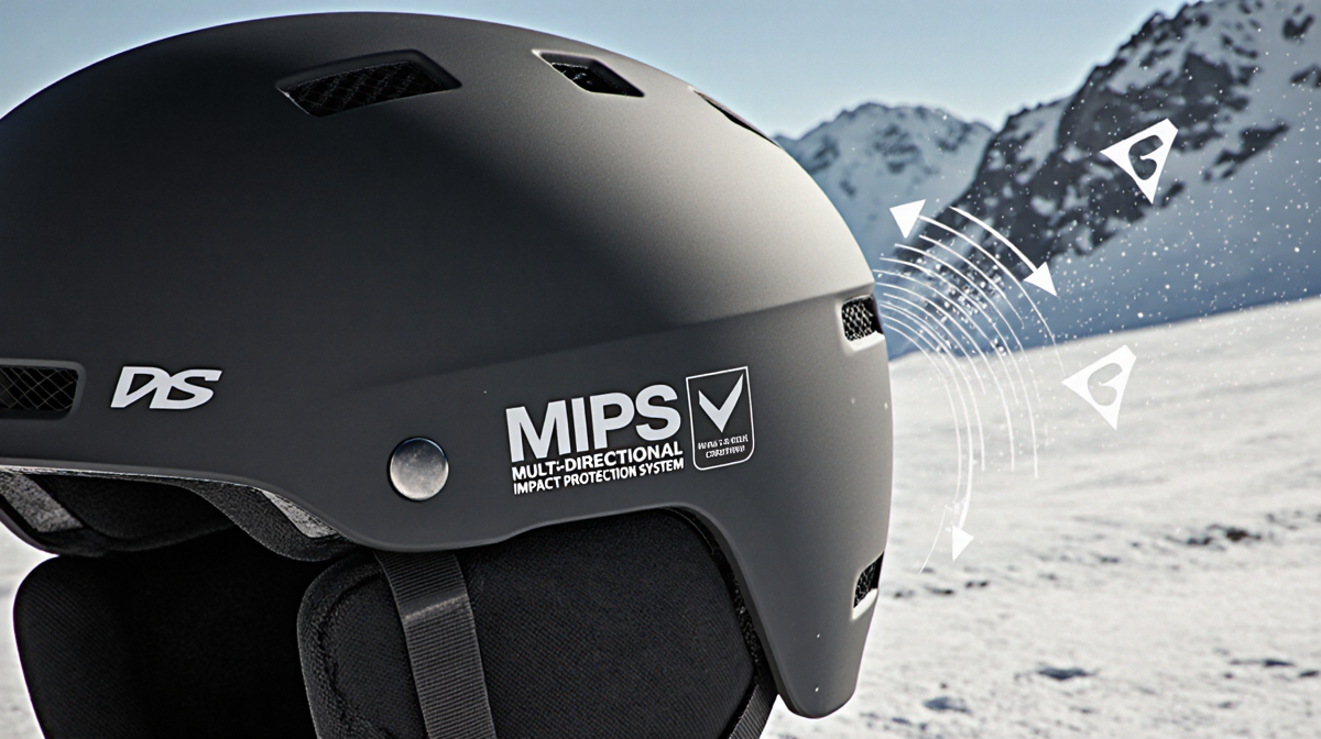 Helmet showing MIPS certification with arrows marking impact zones and ventilation on snow backdrop