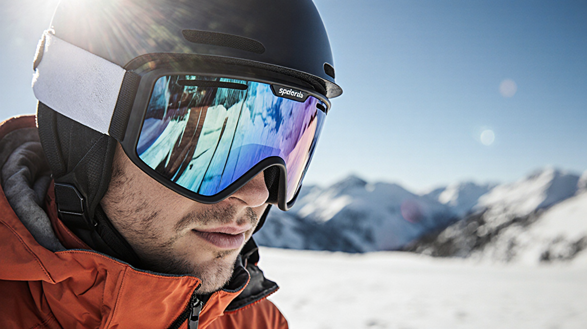 Skier grinning while looking forward with clear toric ski goggles and a blurred mountain backdrop