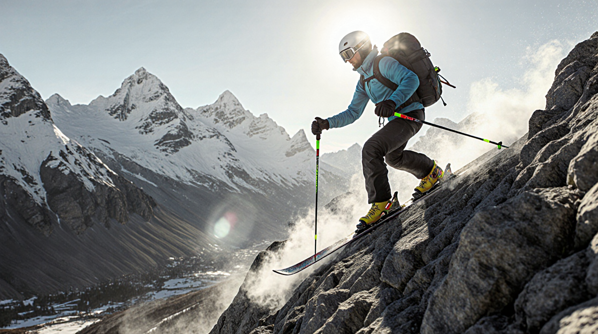 Skier ascending steep slope of rugged mountain with ski mountaineering gear and snow peaks and misty valley below