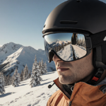 Skier standing on mountain summit with reflective helmet showing snow-covered trees and blue sky