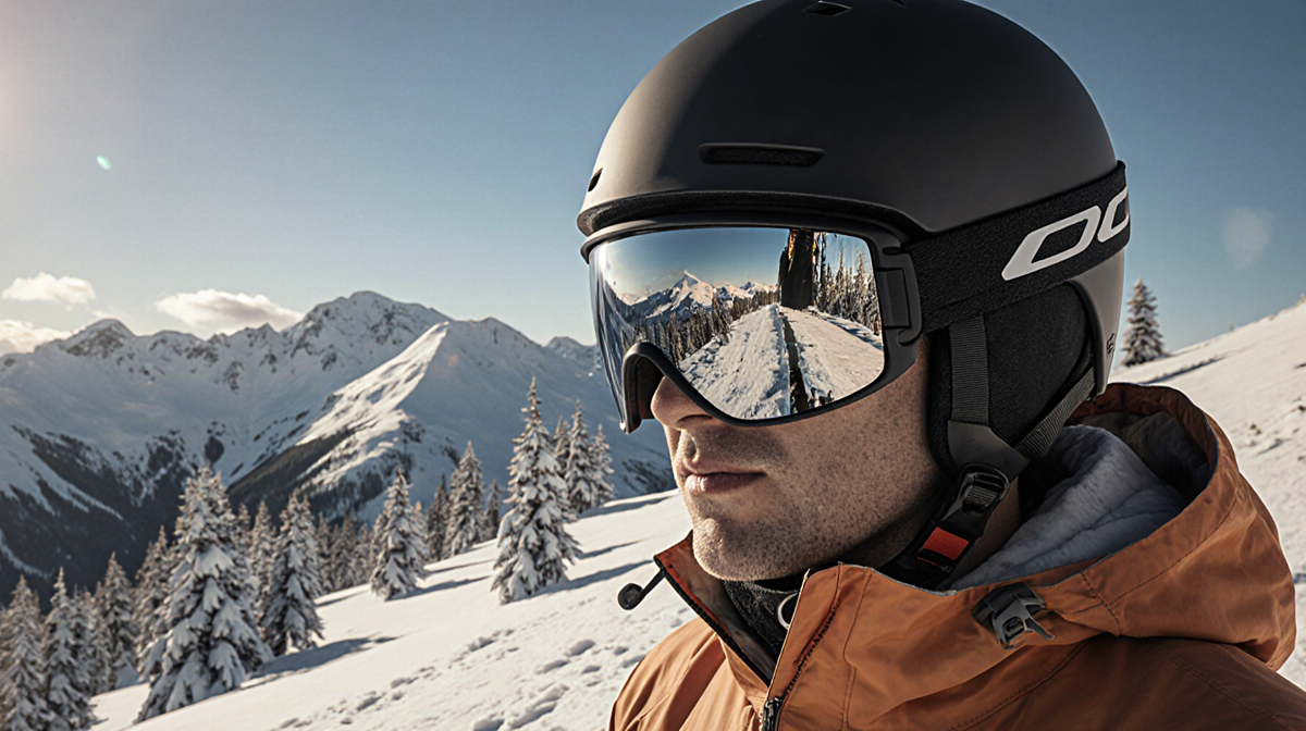 Skier standing on mountain summit with reflective helmet showing snow-covered trees and blue sky