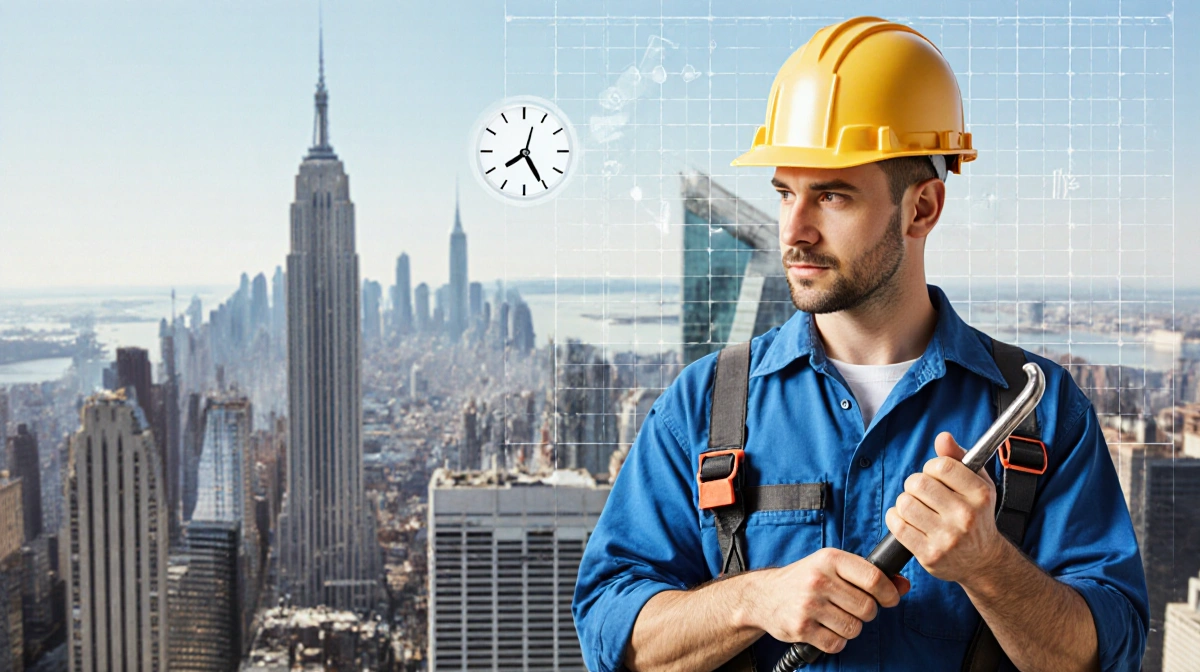 Electrician installs fixtures on high-rise construction site with city skyline and clock showing late hour