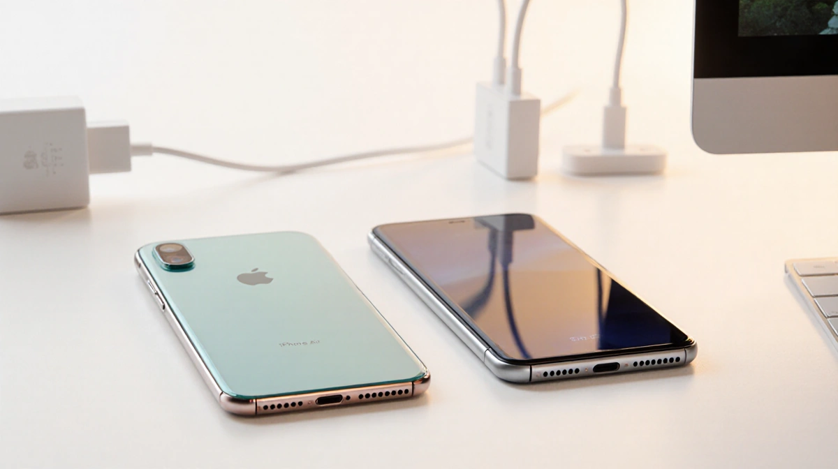 Two smartphones iPhone Air and Galaxy S25 Edge sit side by side on a white desk with soft warm light and a charging cable nea
