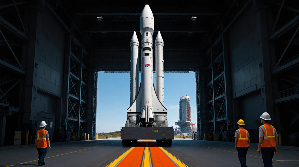 Engineers driving massive Space Launch System rocket with Orion capsule from Vehicle Assembly Building toward launch pad