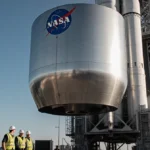 SLS rocket stands on launchpad with NASA engineers gathered nearby and heat shield gleaming in morning sunlight