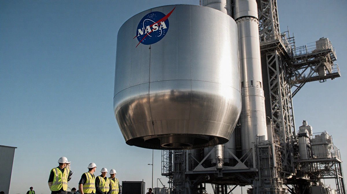 SLS rocket stands on launchpad with NASA engineers gathered nearby and heat shield gleaming in morning sunlight