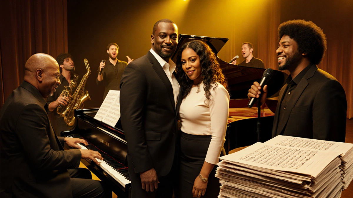 Donald Lawrence and Chaka Khan stand near a grand piano with musical notes and scores under warm golden lighting.