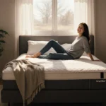 Person stretches awake in bed with Smart Bed Rejuvenate and soft morning light streaming through window with potted plant nea