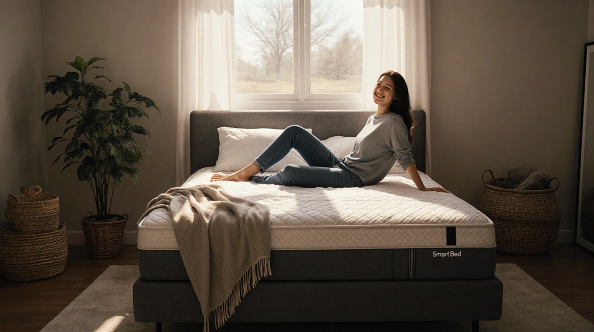 Person stretches awake in bed with Smart Bed Rejuvenate and soft morning light streaming through window with potted plant nea