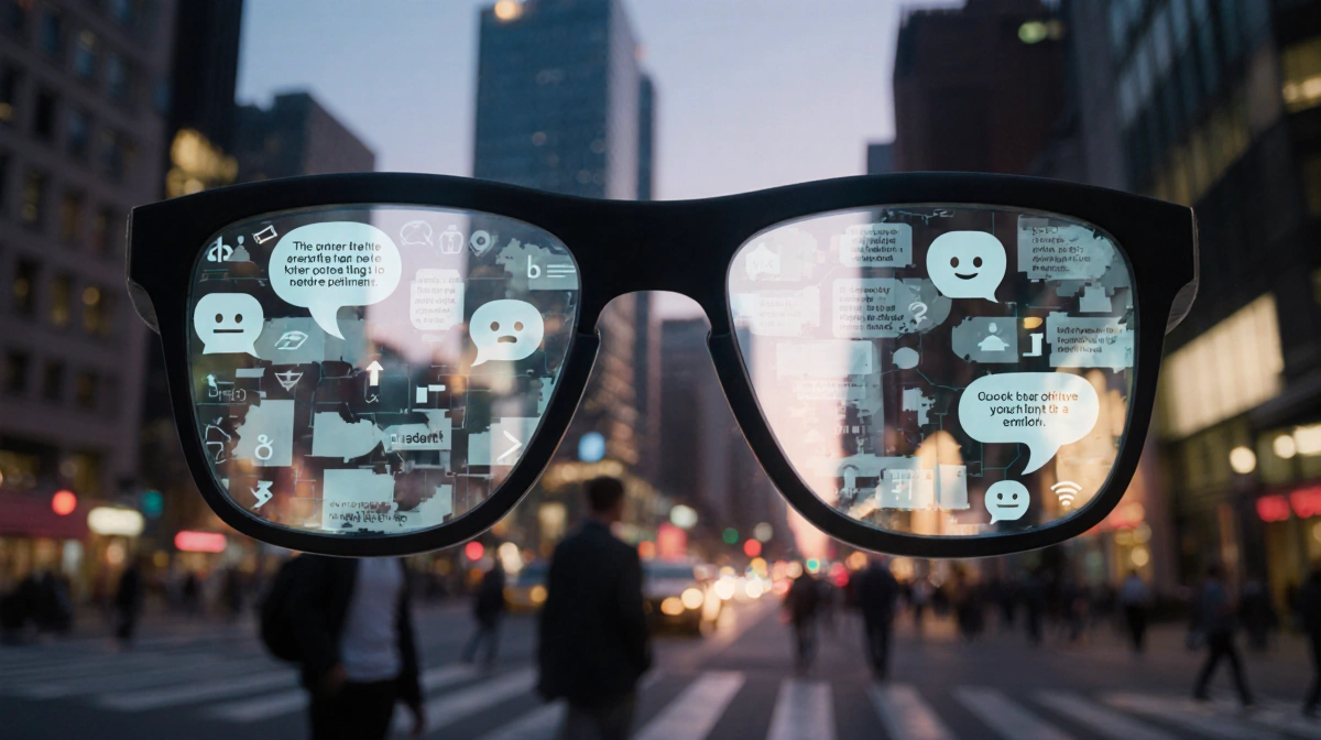 Smart glasses showing fragmented messages with emojis and city skyline at dusk with warm glow