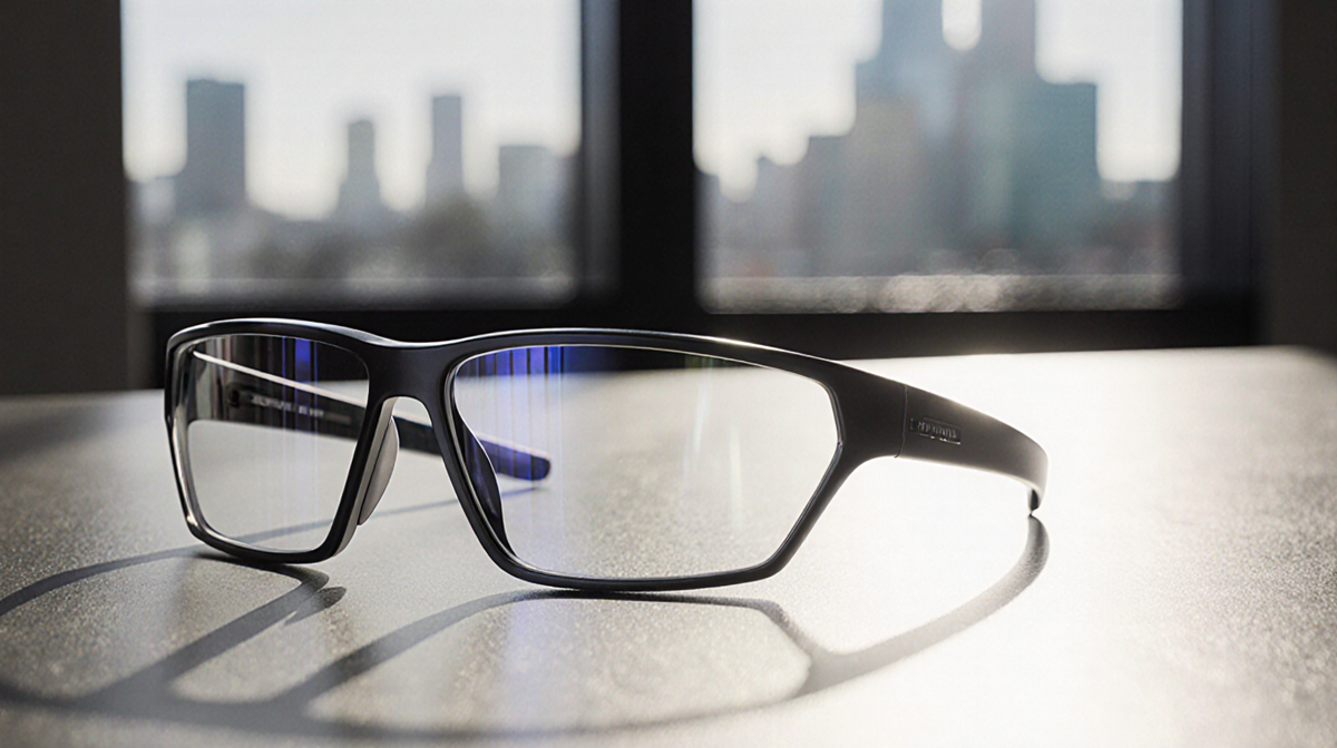 Smart glasses resting on minimalist desk with soft natural light casting subtle glow and blurred cityscape background