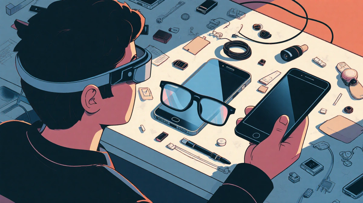 Person sits at cluttered desk with smart glasses beside phone showing disconnected tech accessories