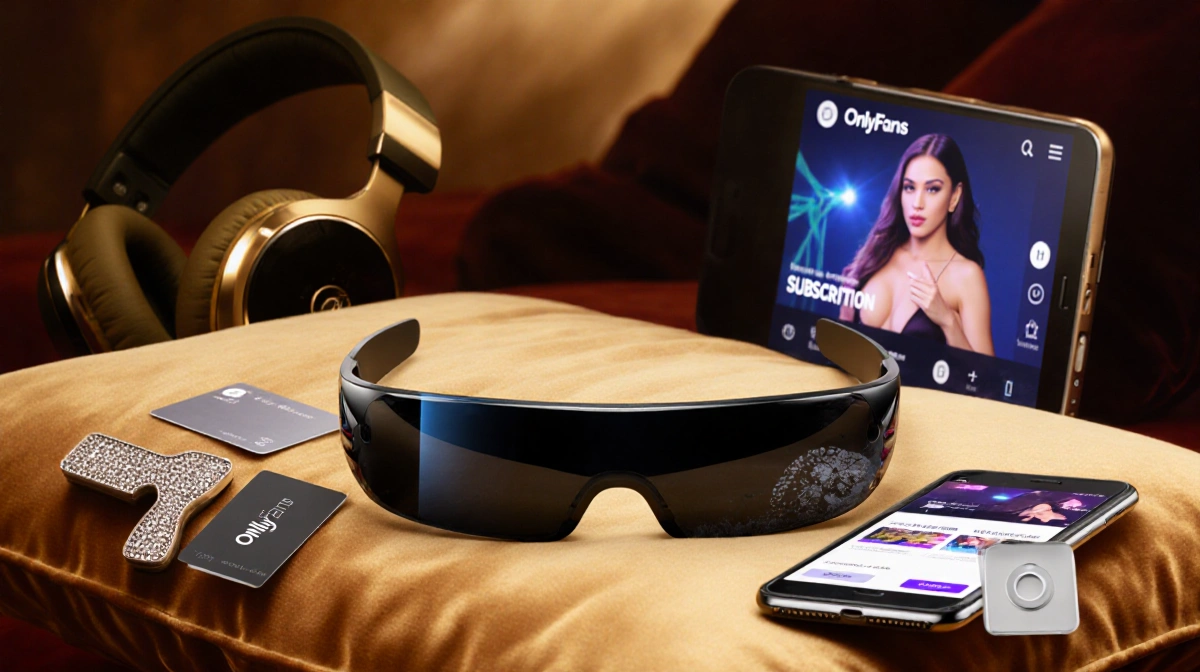 Futuristic smart glasses showing live stream on velvet pillow with OnlyFans cards and diamond headset nearby