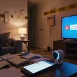 Person tapping on smartphone with error messages from smart devices while surrounded by cables and warning signs