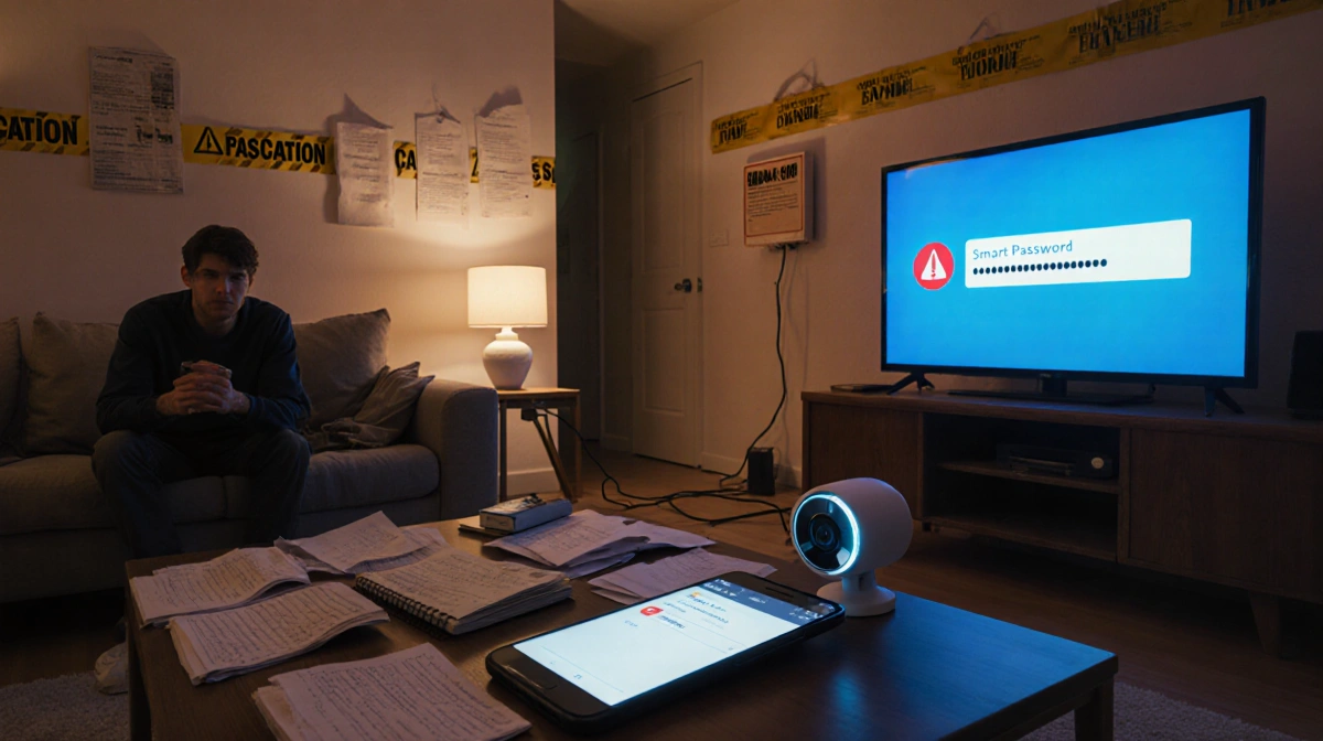 Person tapping on smartphone with error messages from smart devices while surrounded by cables and warning signs