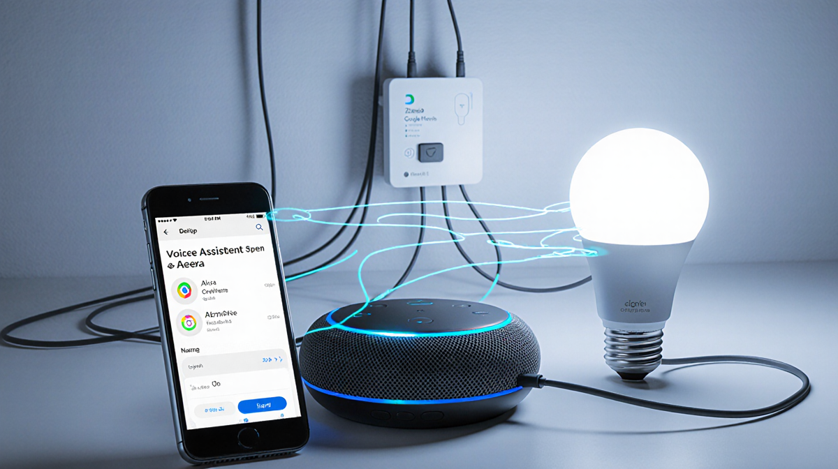 Smartphone and smart speaker connect to light bulb with hub in background showing smart home connectivity