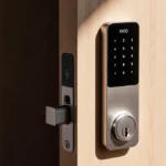 Smart lock rests on wood with keypad glowing under warm light and traditional lock nearby