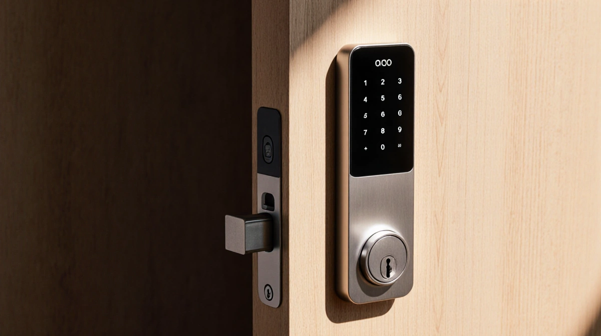 Smart lock rests on wood with keypad glowing under warm light and traditional lock nearby