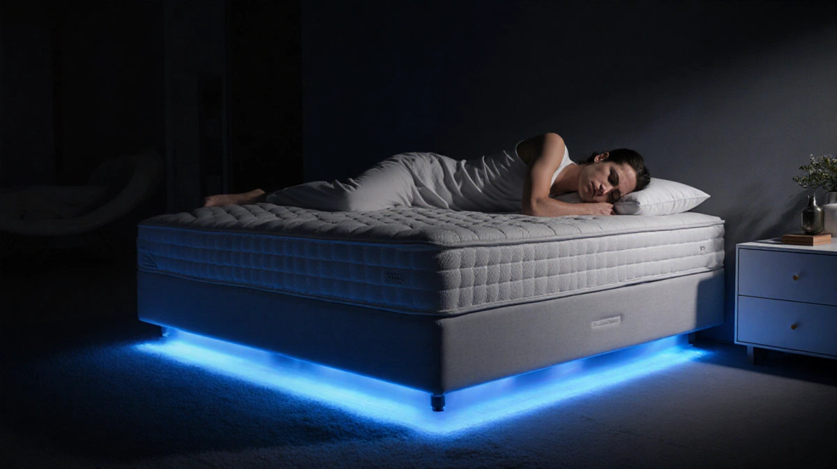 Person lying on smart bed with LED lights and furrowed brow showing massage discomfort