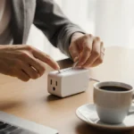 Hands plugging charging cable into smart plug with laptop and coffee cup on nearby desk
