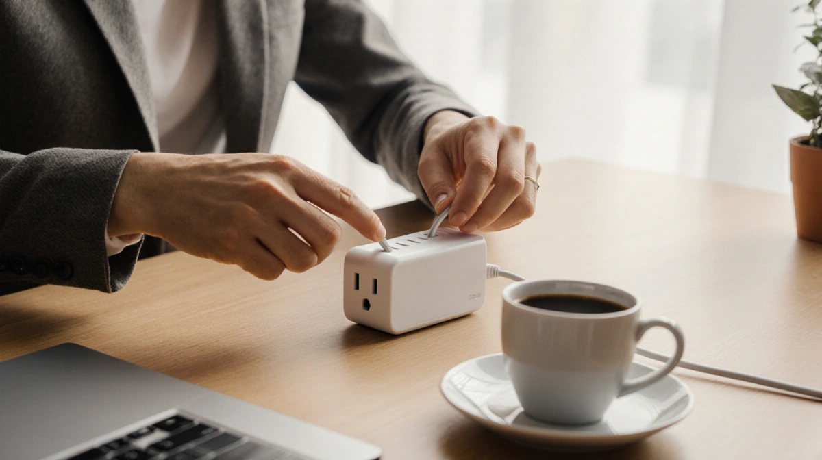 Hands plugging charging cable into smart plug with laptop and coffee cup on nearby desk