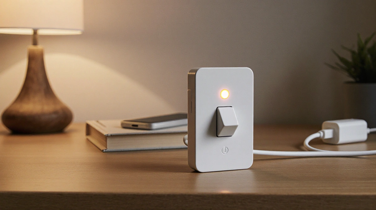 Smart plug glowing with LED indicator showing on position with phone charger and lamp plugged in on wooden table