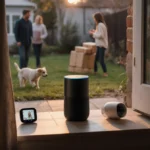 Smart speaker broadcasting music with connected devices nearby while packages arrive at doorstep in a cozy home.