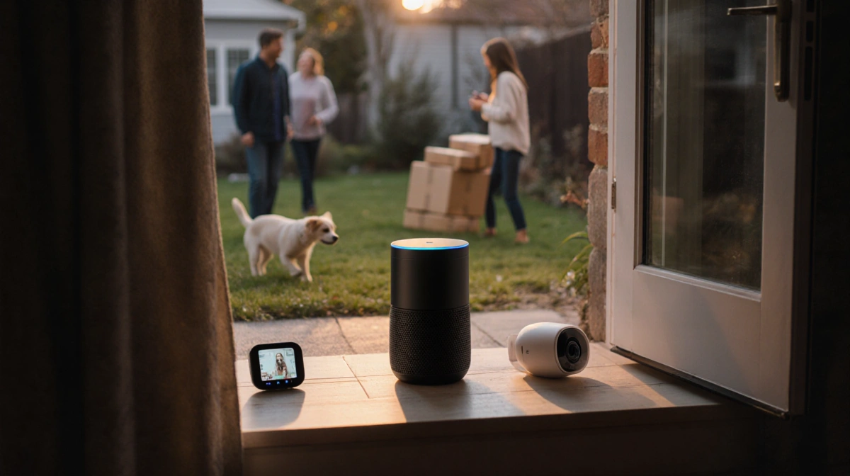 Smart speaker broadcasting music with connected devices nearby while packages arrive at doorstep in a cozy home.