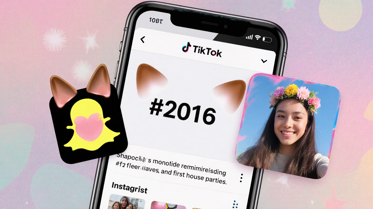 Smartphone screen shows #2016 hashtag with rose-tinted Snapchat filter and a flower crown selfie in corner