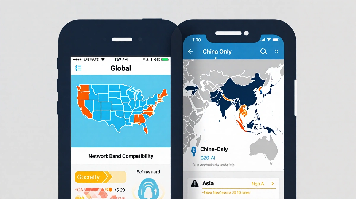 Two smartphones sit side by side with global model showing North America map and China-only model showing Asia map highlighti