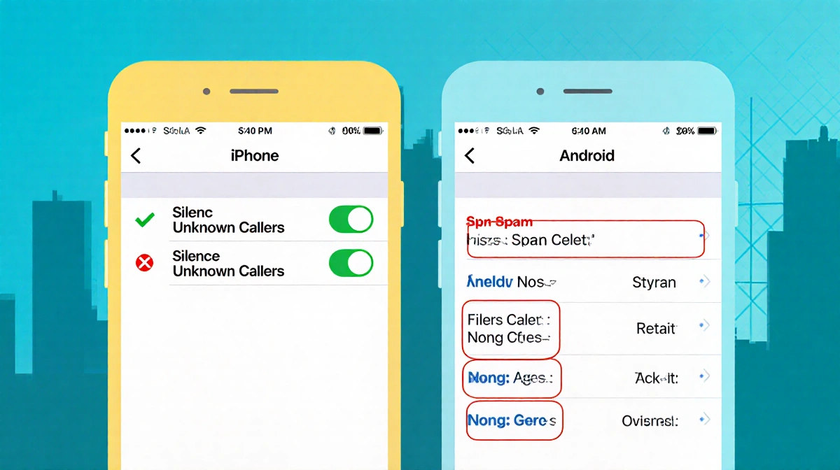 Smartphone shows iPhone with green checkmark for Unknown Callers and Android filter icon while numbers route to voicemail.