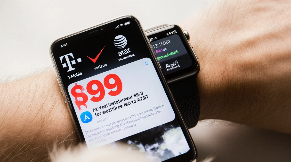 Smartphone screen showing carrier logos with bold red $99 price tag and a wrist wrapped around Apple Watch SE 3 in background