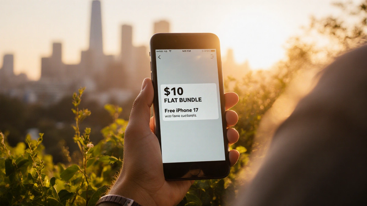 Person holding a sleek smartphone with sunset cityscape and lush greenery around screen displaying a $10 bundle