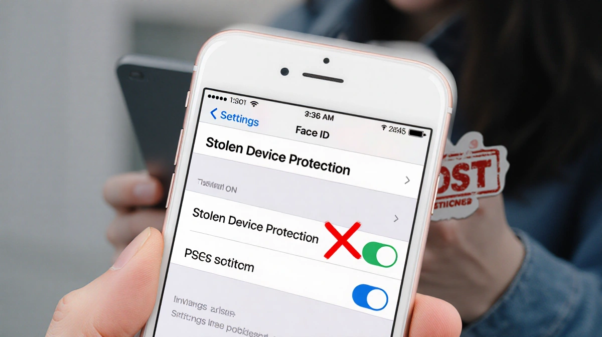 Smartphone Face ID shows Stolen Device Protection on with red X overlay and background of person holding phone marked LOST.