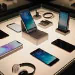 Seven smartphones arranged around central device with headphones and chargers showing modern phone designs