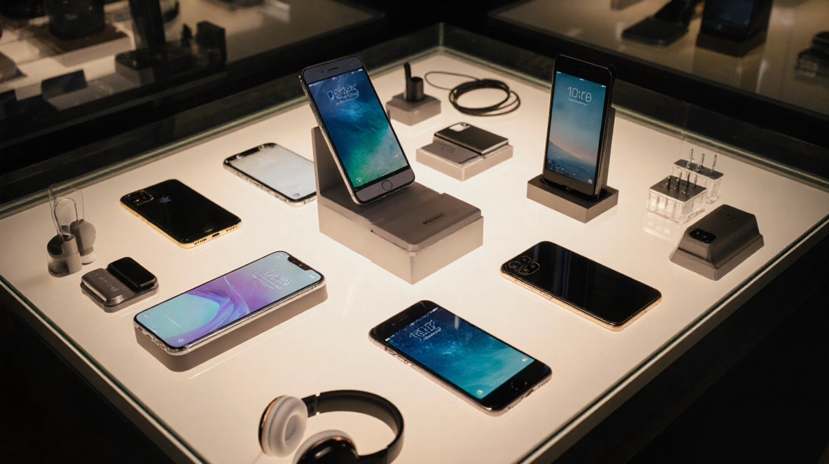 Seven smartphones arranged around central device with headphones and chargers showing modern phone designs