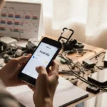 Hands holding a smartphone with a torn SIM slot and a Find My screen on a messy desk with cables and broken phone cases