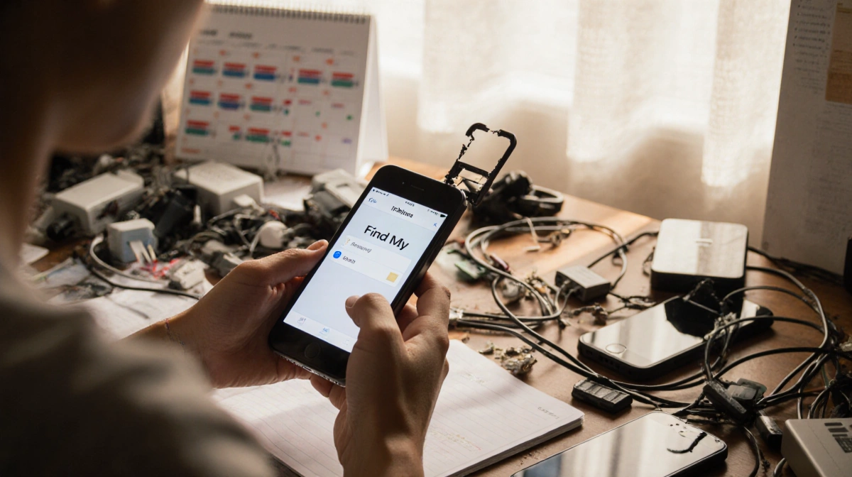 Hands holding a smartphone with a torn SIM slot and a Find My screen on a messy desk with cables and broken phone cases