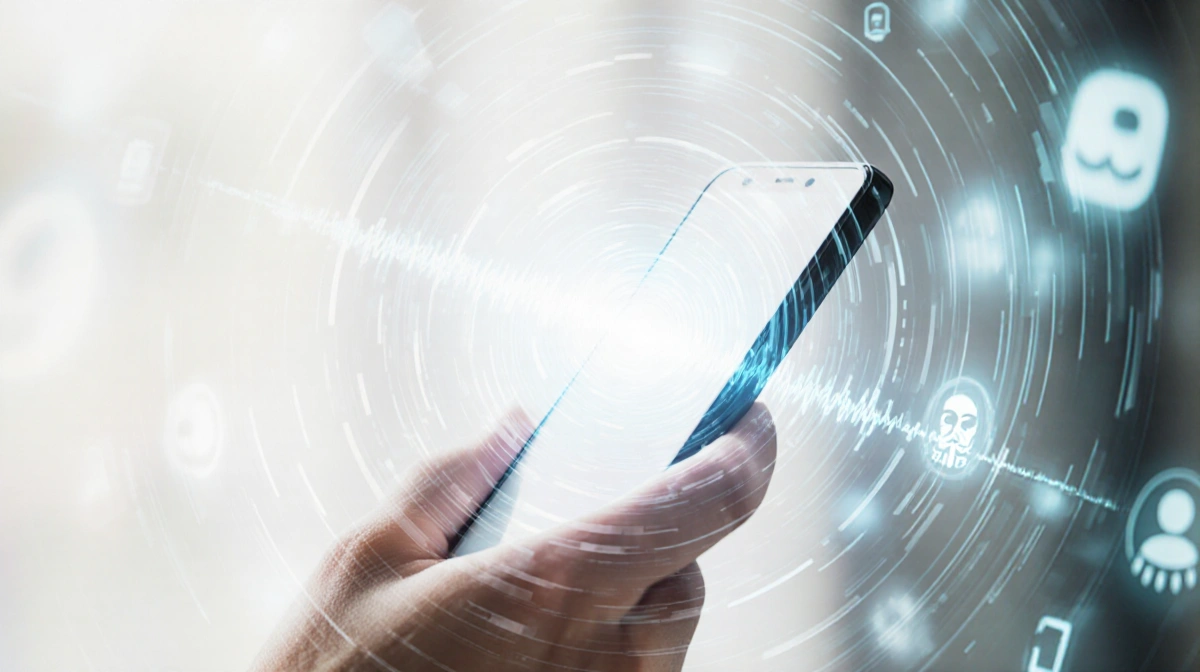 Smartphone with swirling aura and pulsing audio streams showing wireless eavesdropping threat