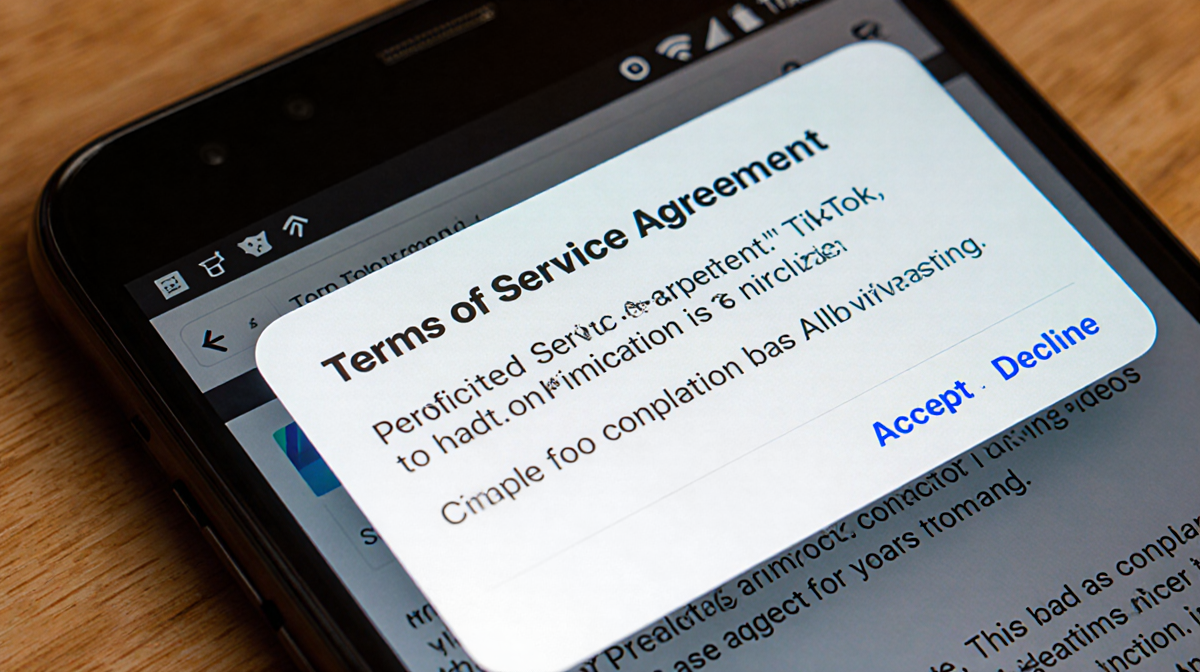 Smartphone screen shows pop-up notification with terms-of-service agreement and accept/decline options on TikTok home screen